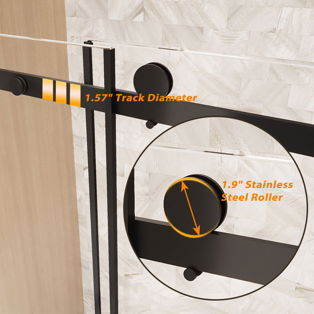 Frameless Single sliding shower door 56-60 "W x 76" H, 1/4 "(6 mm) Clear Tempered Glass, Explosion Proof Film, Stainless Steel Handle Square Tube Track ,Matte Black