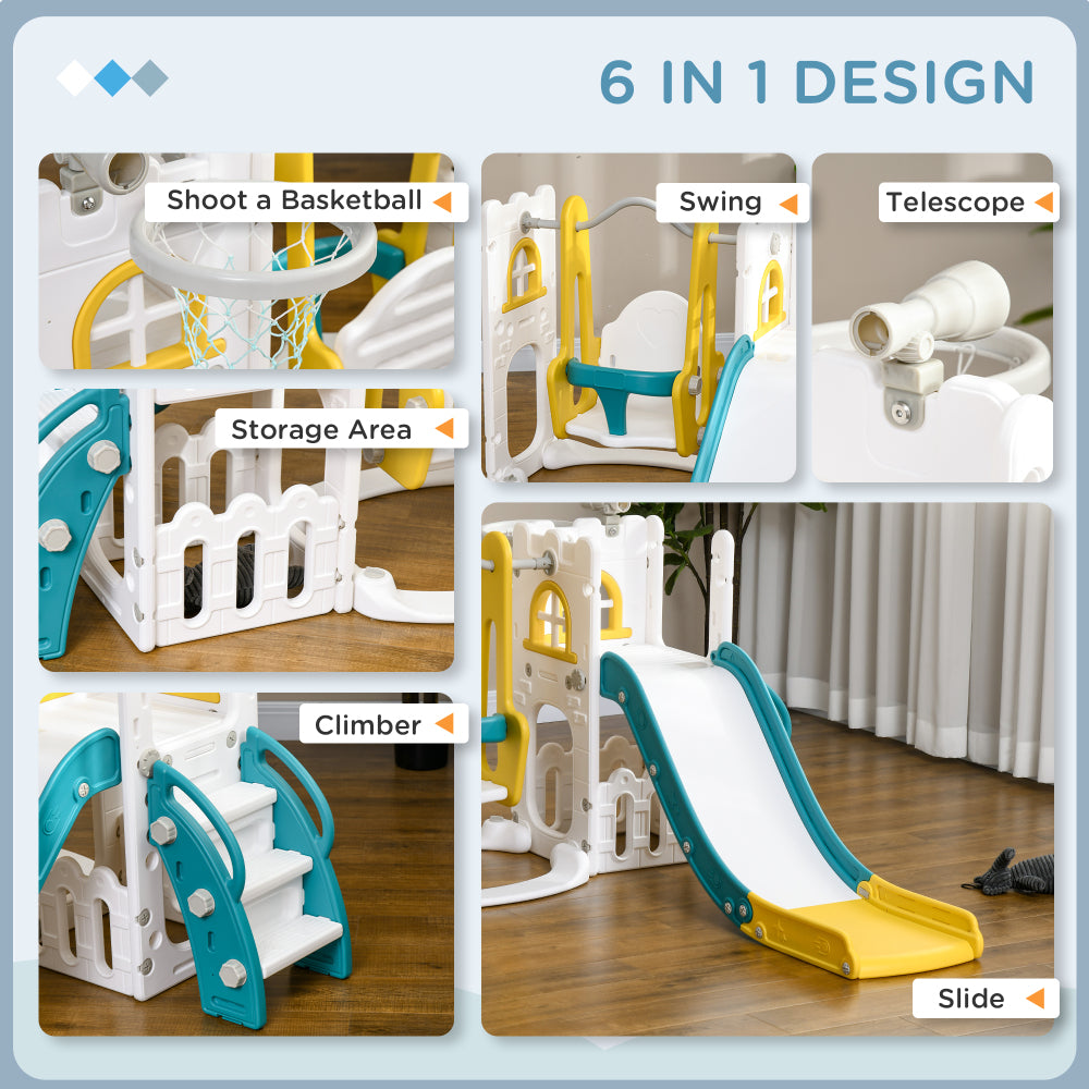 Qaba 6 in 1 Toddler Slide and Swing Set, Baby Slide for Age 1-3 Years with Basketball Hoop, Climber, Storage Space, Telescope, Indoor Playground, Yellow