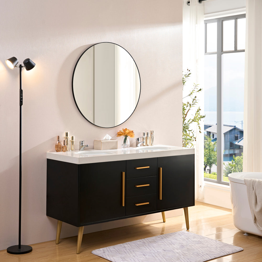36x24inch Black Rectangular Bathroom Mirror Square Angle Metal Frame Wall Mounted Hanging Plates Wall Mount Mirror For Bathroom(Horizontal & Vertical)