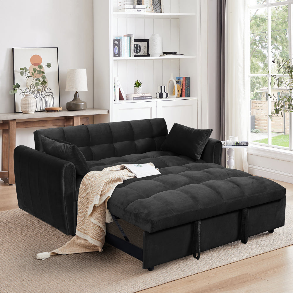 65"3-in-1 foldable large size sofa bed, modern velvet double sofa, sofa bed with adjustable back, storage bag and pillow, suitable for living room, bedroom (beige)