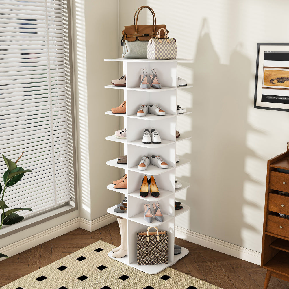 Rotating Shoe Rack Tower, 7-Tier Spinning Shoe Rack, Free Standing 360° Revolving Shoe Organizer, High Bottom Design Shoe Tower Spinning Storage Lazy Susany, Fits 28 Pairs of Shoes (7-Tier White)