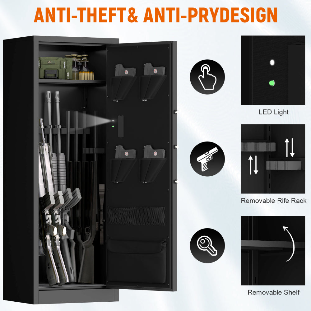 Steel Large Fireproof and Waterproof Gun Safe, Supporting Classified Storage of Multiple Types of Firearms, Equipped with Pistol Pouches, a Programmable Keypad, Dual Backup Keys and a Alarm System.