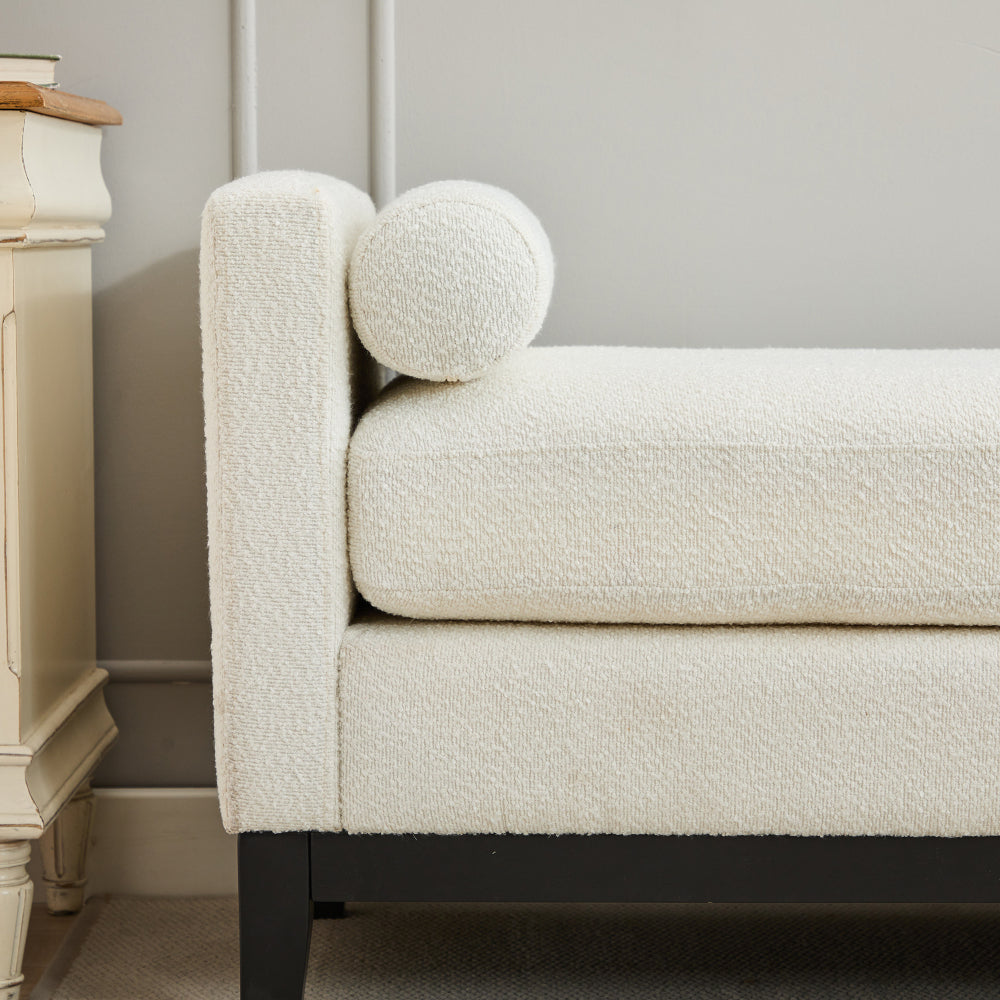 66.34"W Elegant Upholstered Bench,Daybed, Ottoman with Wood Legs & 2 Bolster Pillows for End of Bed, Bedroom, Living Room, Entryway,Ivory Boucle