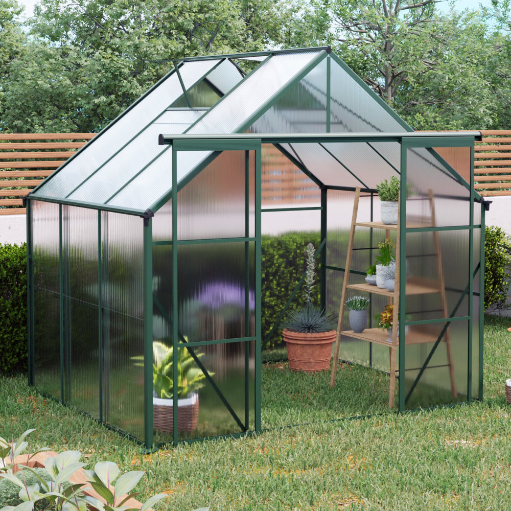 8x10FT Double Door Polycarbonate Greenhouse Raised Base and Anchor Aluminum Heavy Duty Walk-in Greenhouses for Outdoor Backyard in All Season,Green
