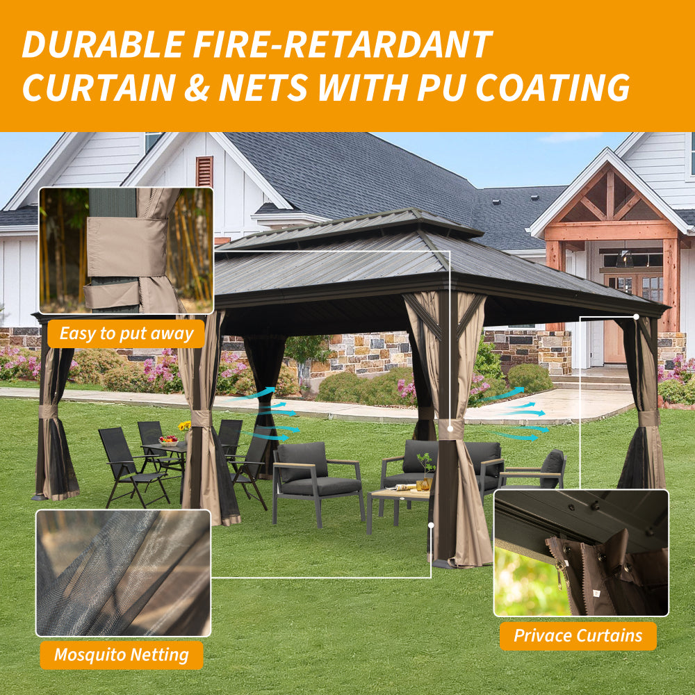12' X 20' Hardtop Gazebo, Upgraded Metal Gazebo with Drainage System, Dual-Layer Galvanized Steel Roof, Curtain and Netting, Outdoor Shelter Canopy for Patio, Garden, and Backyard, Brown