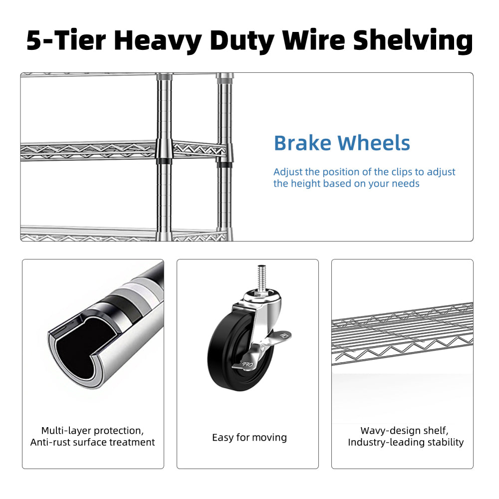 Steel Storage Shelving 6-Tier Utility Shelving Unit with Wheels, Steel Organizer Wire Rack for Home,Kitchen,Office,Garage,17.7" D x 47.2" W x 76.7" H-Chrome