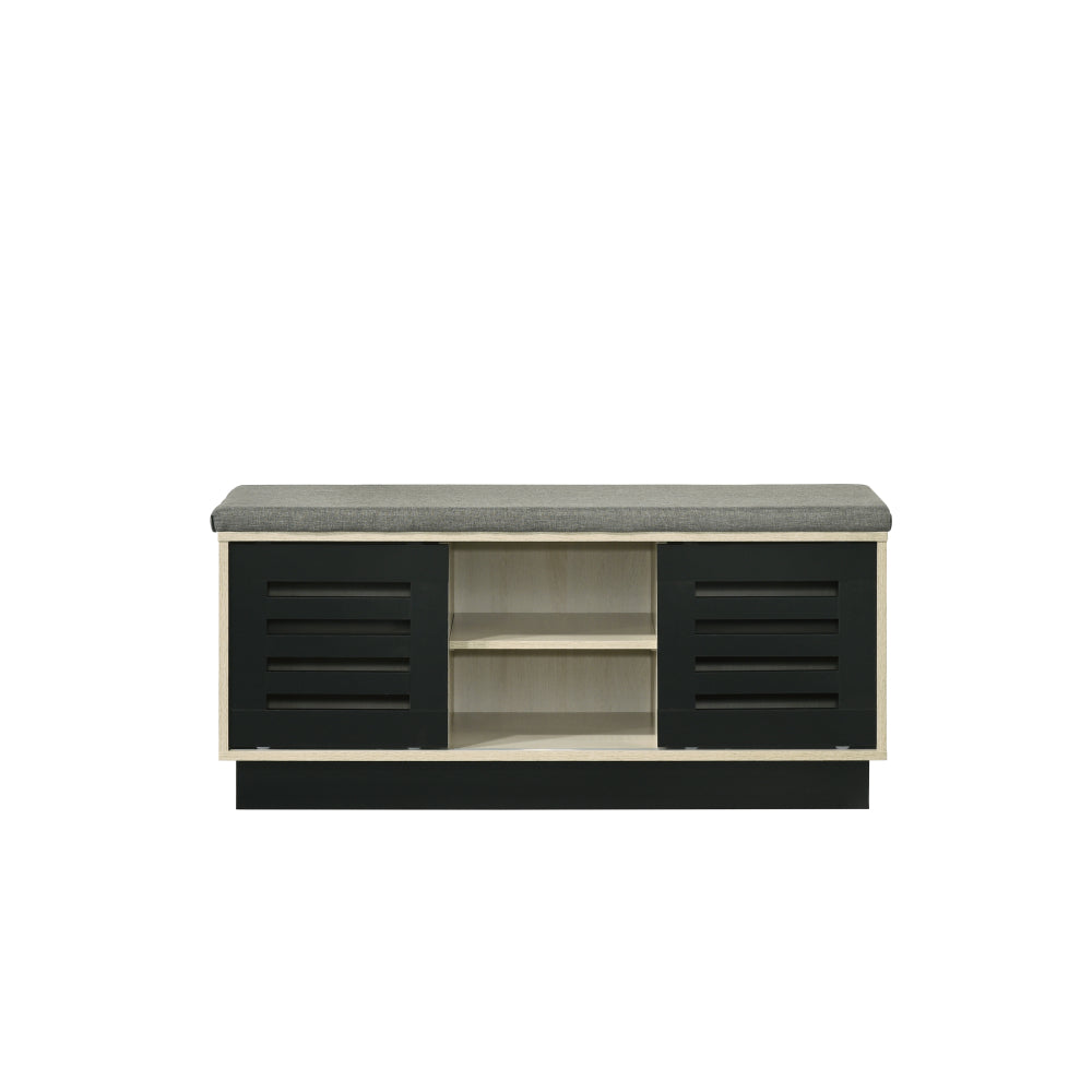 Brett 38.5"W Oak Finish Shoe Cabinet with Sliding Doors, Upholstered Top