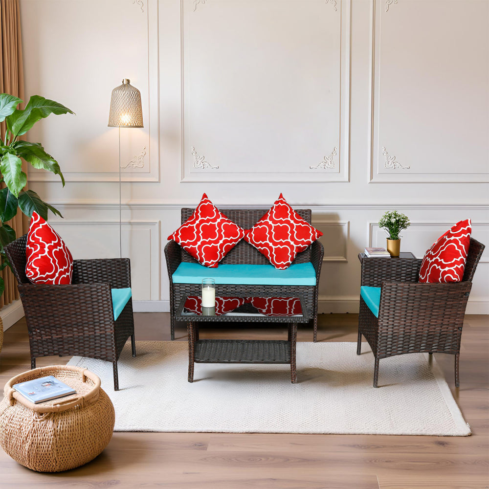 Four-Piece Sofa Set Table With Sofa Chair PE Rattan Outdoor Furniture HY4-001 Box *1 With Emerald Green Color Cushion