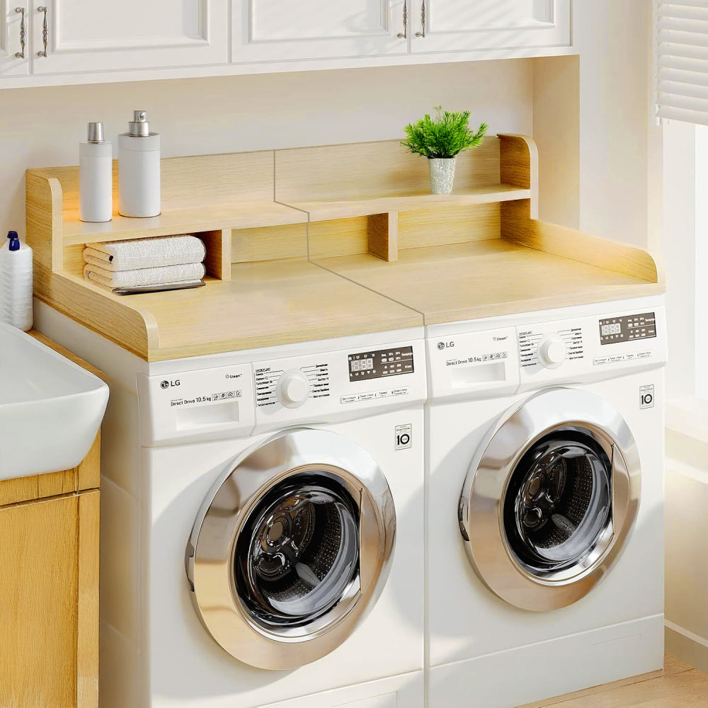 Washer Dryer Countertop with Non-slip Pads Laundry Wood Shelf Topper with Edge, 54" Width x 27.5" Depth Double Layer Organizer for Washer and Dryer Laundry Hamper Counter Storage Organization (WHITE)