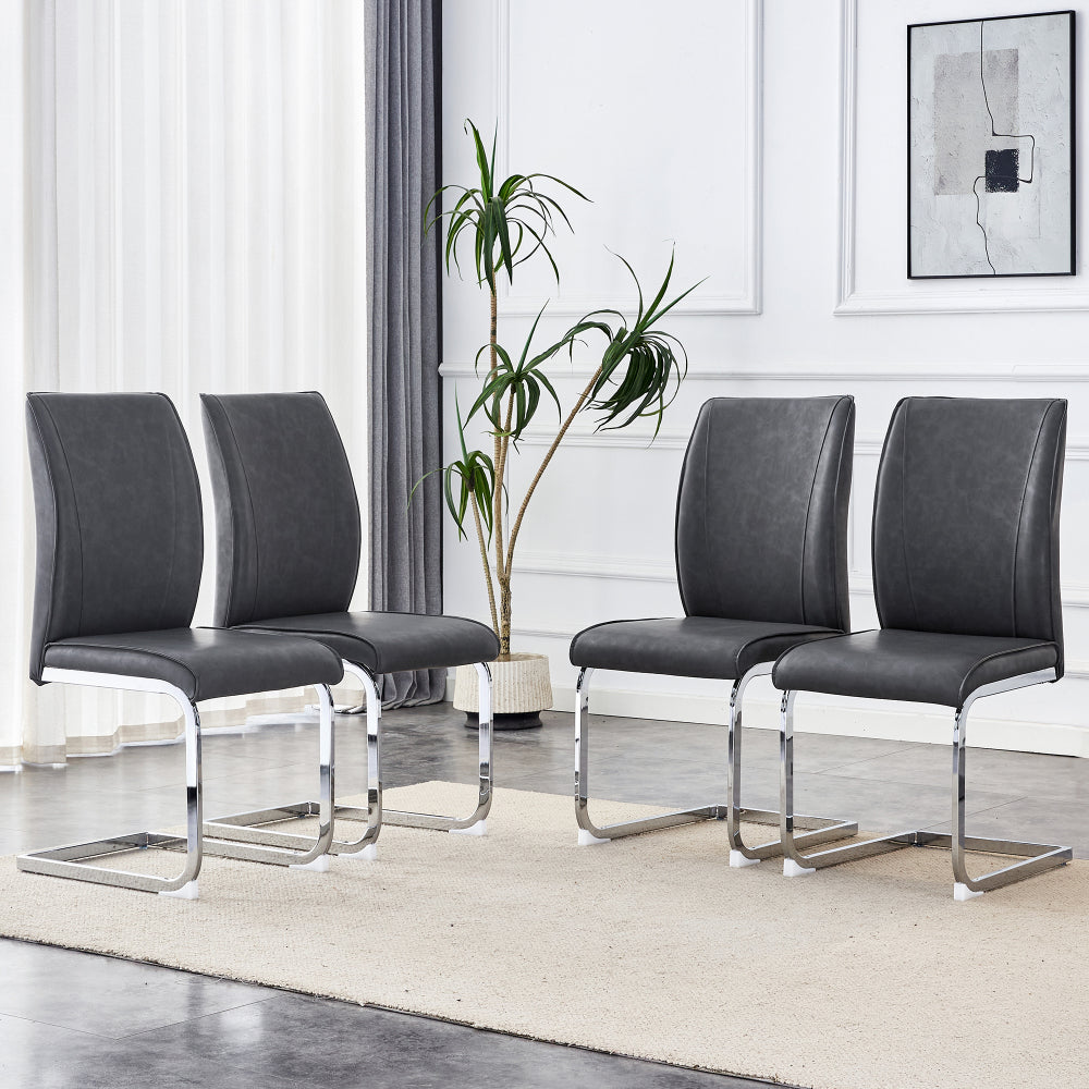 Luxury Simple Arch Chair - Set of 4 Dark Gray PU Material High Resilience Dining Chair with Arched Metal Silver Leg.Crazy Horse Texture PU Dining Chairs.