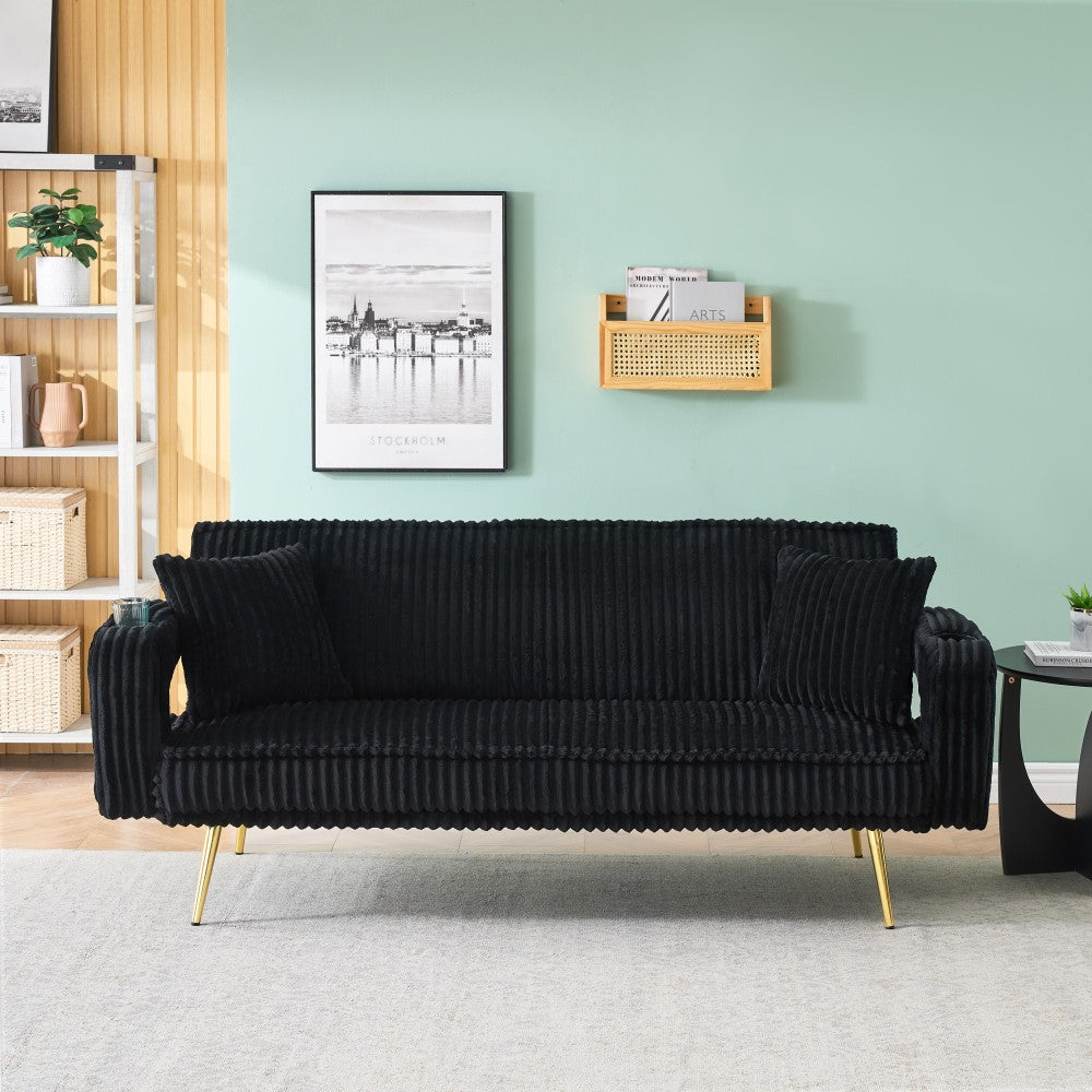 The straight-row white corduroy sofa with throw pillows, featuring a minimalist style, is suitable for the living room and study