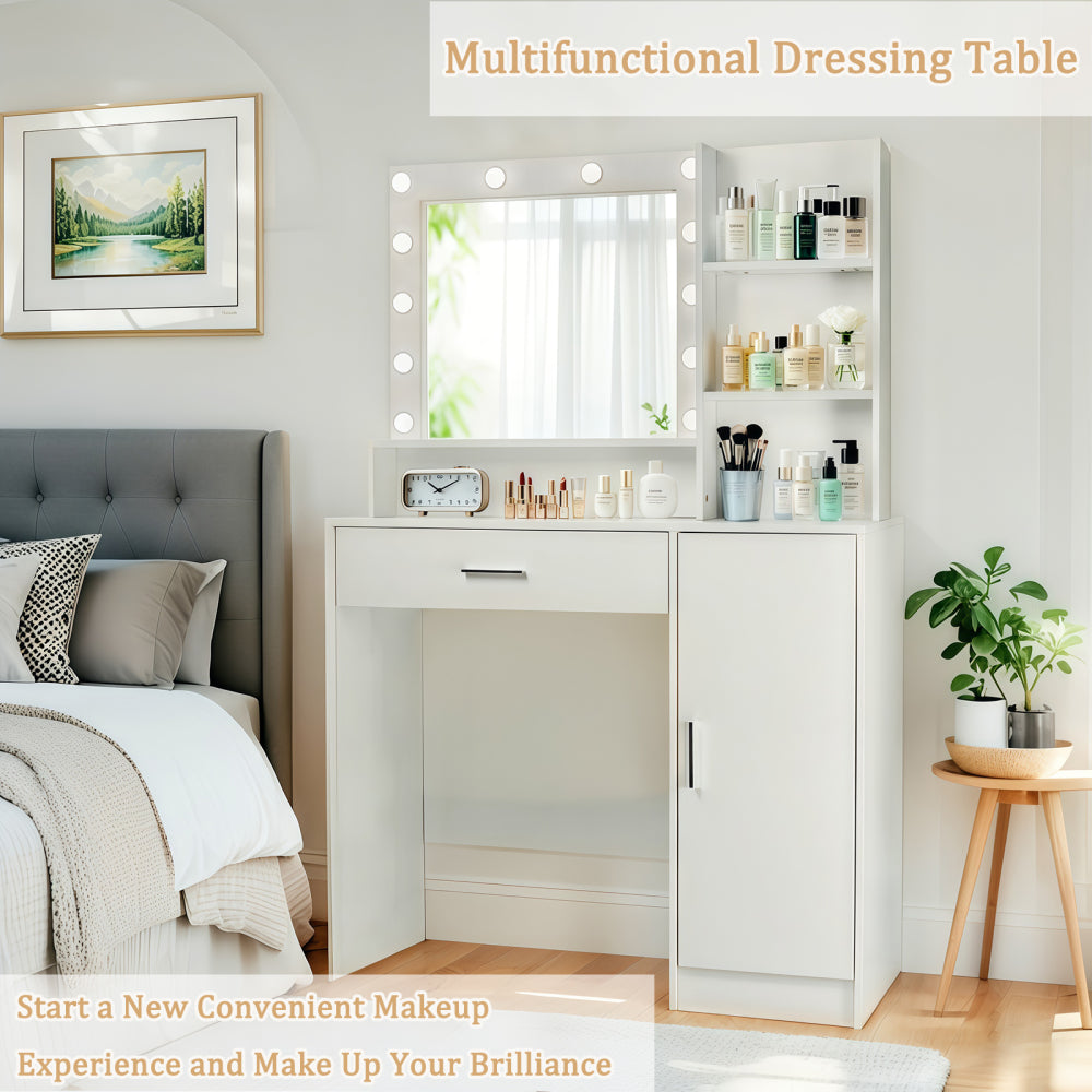 Vanity Desk with Mirror and Lights, Makeup Vanity with Drawer & Storage Cabinet, 3 Lighting Modes Adjustable Brightness, Dressing Table with Open Shelves for Bedroom, Dressing Room, White