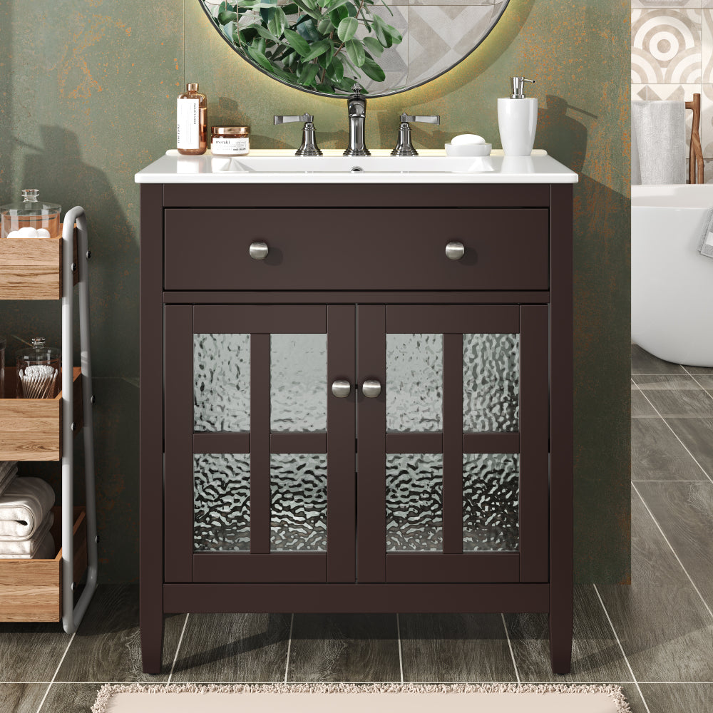 30" Modern Bathroom Vanity with Ceramic Sink, Bathroom Vanity Cabinet with Tempered Blurred Glass and Matte Black Handles, Equipped with Large Storage Space and Rubber Wood Frame, White