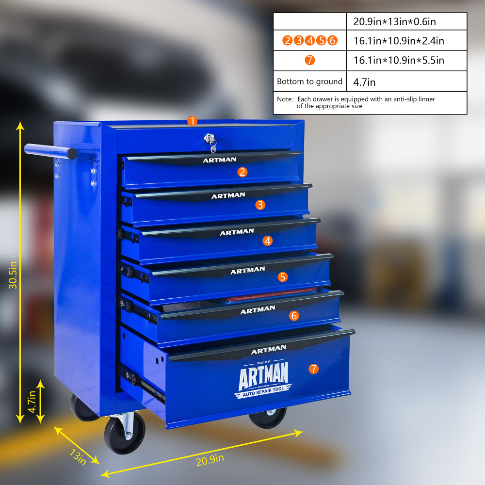 Rolling Metal Tool Chest with 6 Drawers, 20" 6-Drawer Tool Chest Cabinet with Ball Bearing Drawer Slides, Steel Tool Storage Box Organizer -BLACK&BLUE