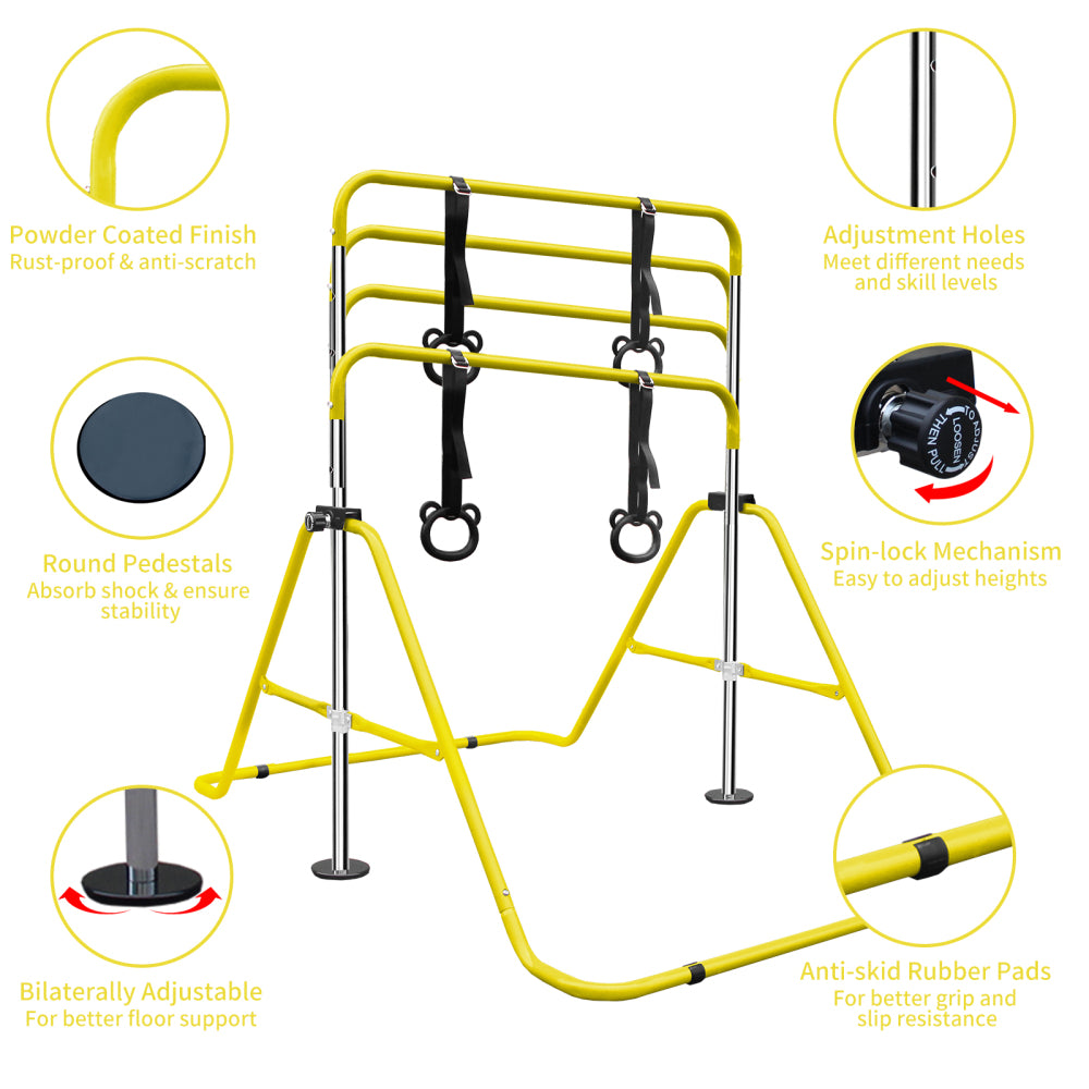 Yellow Multi-Functional Adjustable Height Children's Horizontal Gymnastic Bar With Bear Rings
