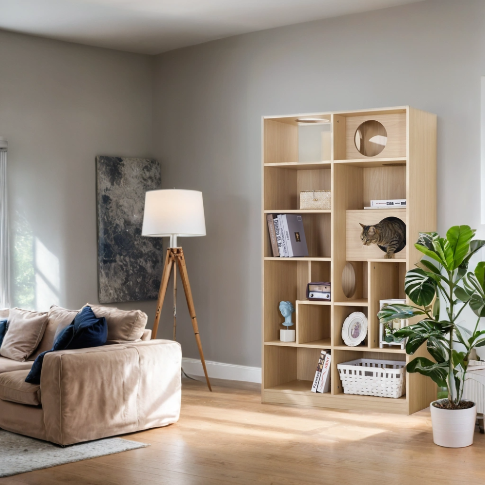 Modern 2 IN 1 Wood Bookshelf Cat House, Cat Tree Display Case with Storage, Cat Litter Box Enclosure Climbing Shelf