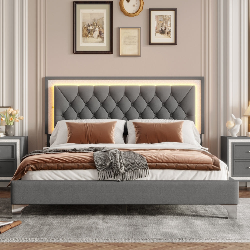3-Pieces Bedroom Sets,Queen Size Upholstered Platform Bed with LED Lights and Two Nightstands-Gray