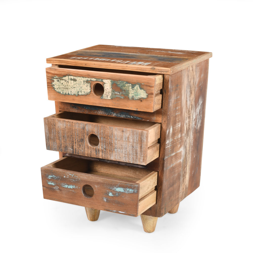 End Table Recycled Wood Nightstand, Side Table with 3 Drawers, Vintage Natural Bedside Table for Bedroom Living Room