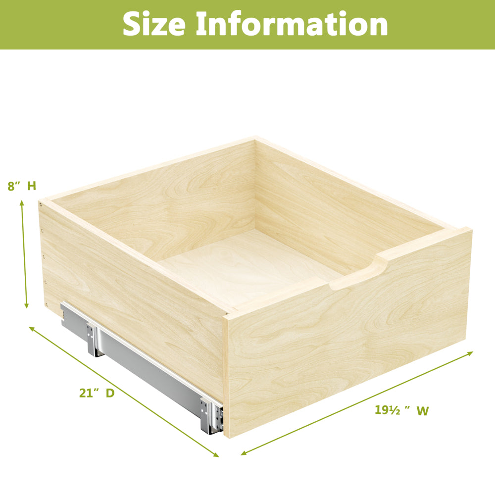 Hard Close Pull Out Cabinet Organizer 8" High Drawer 19½" W x 21" D Wood Slide Out Shelves Cabinet Storage Organizer with Full Extension Rail Slides Pull Out Drawer for Kitchens Cabinet Pantry