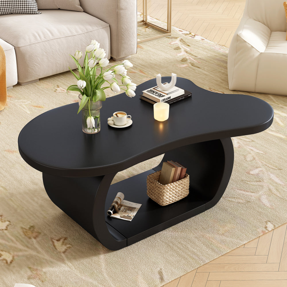 ON-TREND 44'' x 25.9'' Easy Assembly Cloud Coffee Table with 1.5'' Thick Tabletop, Cream Style Irregular End Table with 3 Sturdy Legs, Sleek Center Table with Round Edge for Living Room, Black