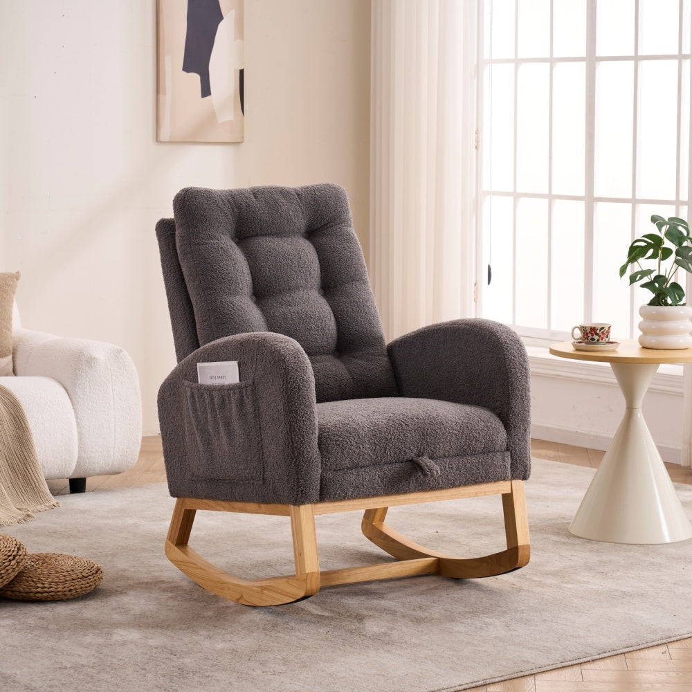 LY-5104 Plush Accent Rocking Chair with Footrest, Cream White High-Back Rocker, Rubber Wood Lounge Chair for Nursery & Living Room, 38.36"W x 26.77"D x 39.76"H