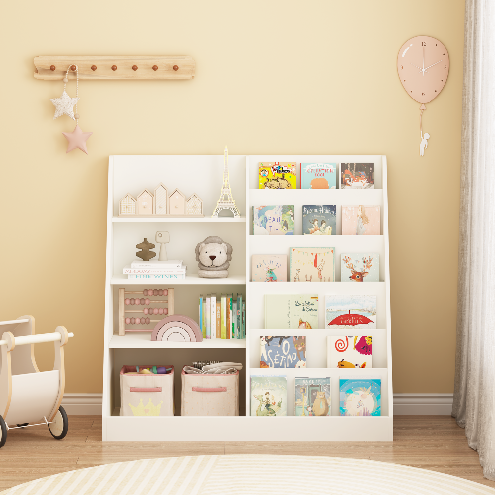 Kids Bookshelf and Toy Storage Organizer, Multifunctional 4 Tier Wooden Kids Book Shelf with Bookcase Display Stand in Kids Room Playroom Nursery for Kids, Children, Toddlers (White)
