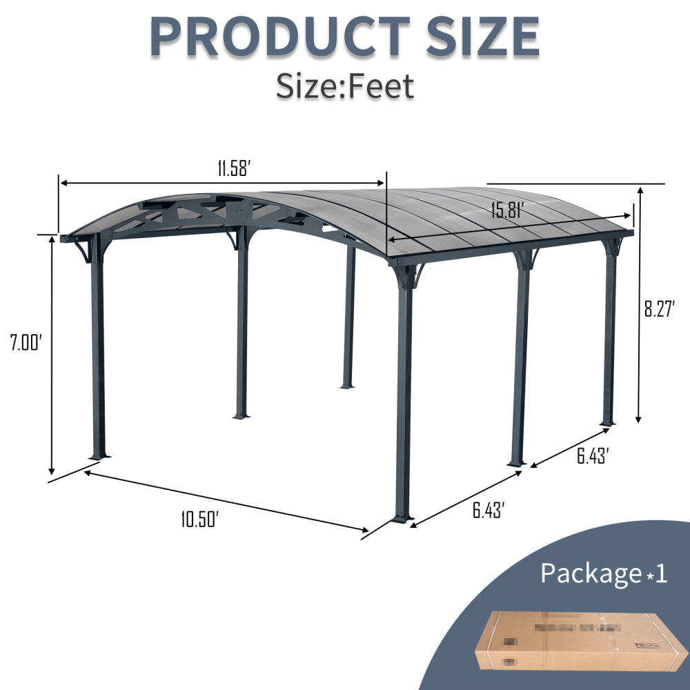 Outdoor Carport, 12 FT * 16 FT* 8 FT Arch Carport with Aluminum Frame and Polycarbonate Panels Car Port for Outdoor Driveway Car, Truck