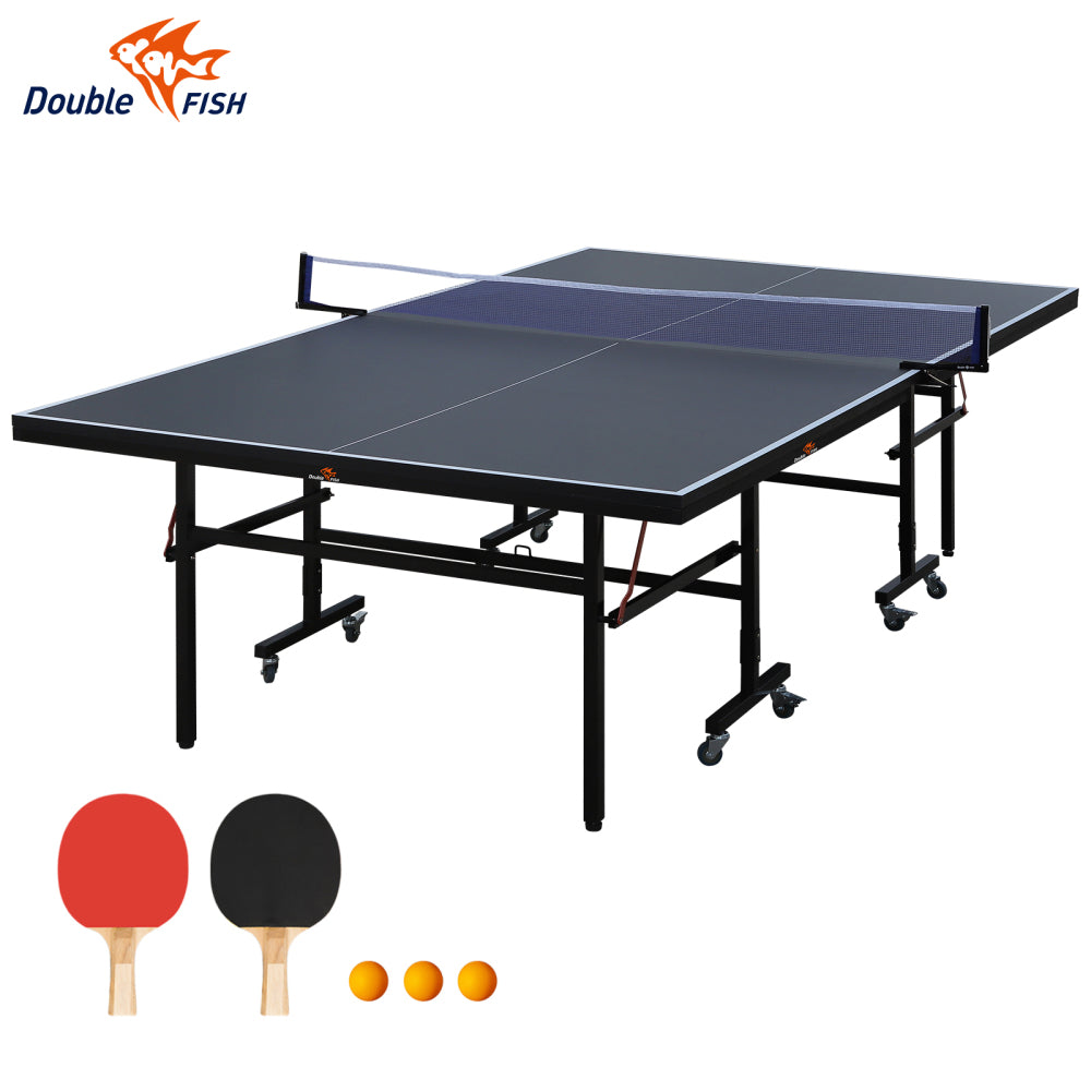 DOUBLE FISH 9 Ft MidSize Table Tennis Table Foldable And Portable Ping Pong Table Set For Indoor Games With Net 2 Table Tennis Paddles And 3 Balls