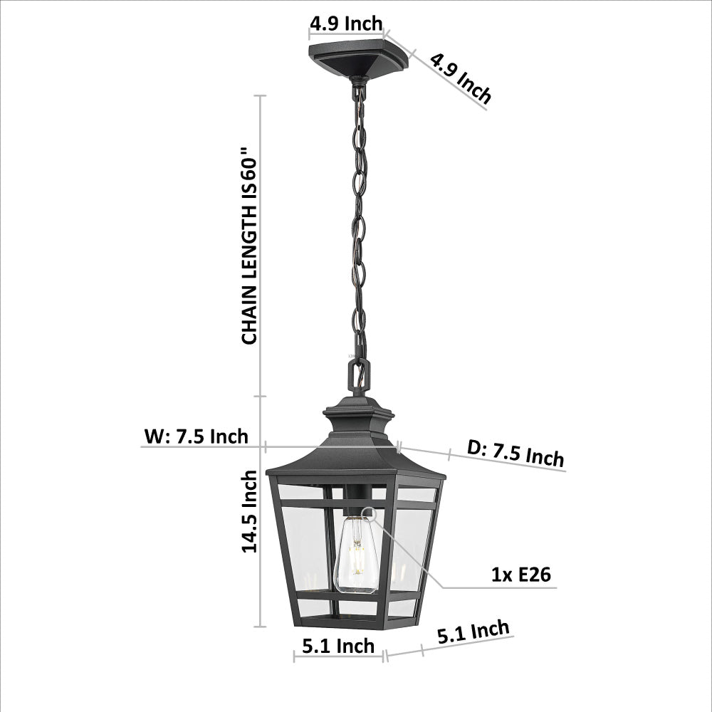 Outdoor Pendant Light E26 Socket, 14.5'' Modern Exterior Hanging Light Fixture with Clear Glass, Farmhouse Black Metal Outside Chandelier for Patio Front Porch Foyer Entryway (1 pack)