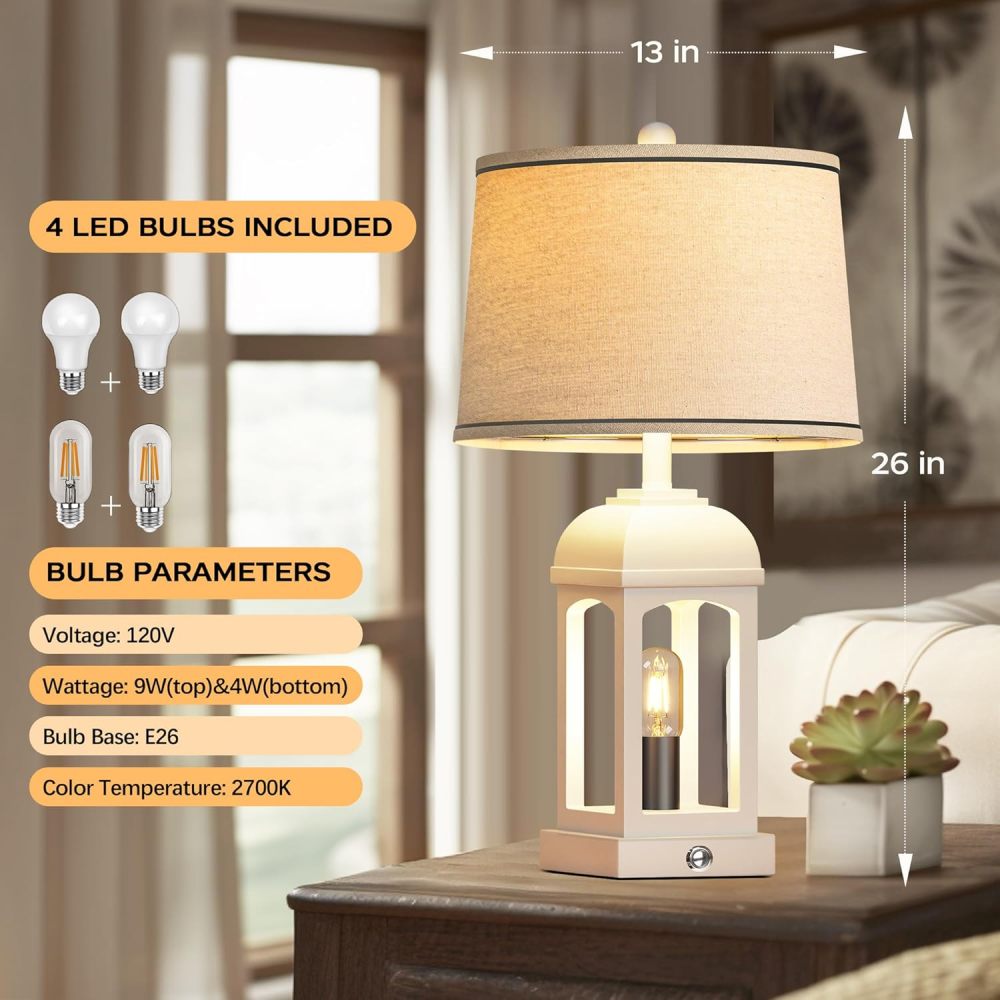 Table Lamp for Living Room, Farmhouse Lamps Set of 2 with USB A+C and Nightlight, 26" Rustic Bedside Lamps with 3-Way Dimmable, Touch Nightstand Lamp for Bedroom, White