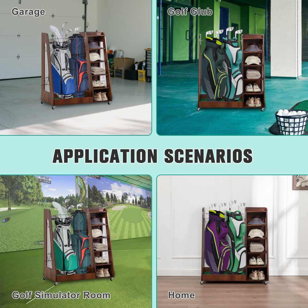 Golf Bag Organizer for Garage, Premium Wooden Golf Clubs Storage Rack Fit 2 Golf Bags, Golf Trunk Organizer for Car Garage Club Shed Basement,Brown