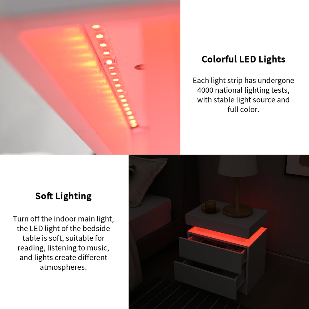 Nightstand LED Bedside Table Cabinet Lights Modern End Side with 2 Drawers for Bedroom (White)
