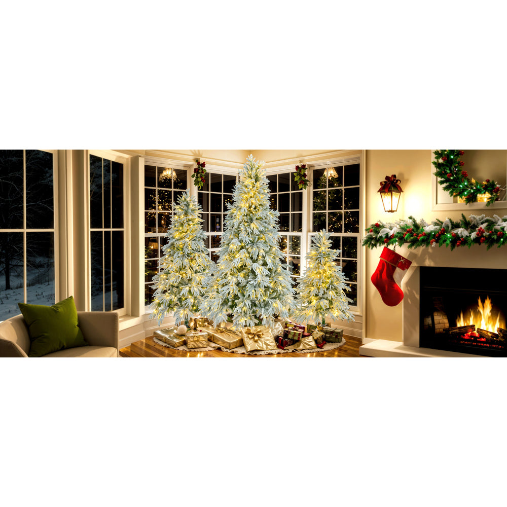 Pre-Lit Spruce Snow Flocked Christmas Tree Set-4FT, 6FT, 7.5FT, Artificial Hinged Xmas Tree with 800 Warm-Yellow & Colorful LED Lights, 8 Flashing Modes, Holiday Office Home Décor