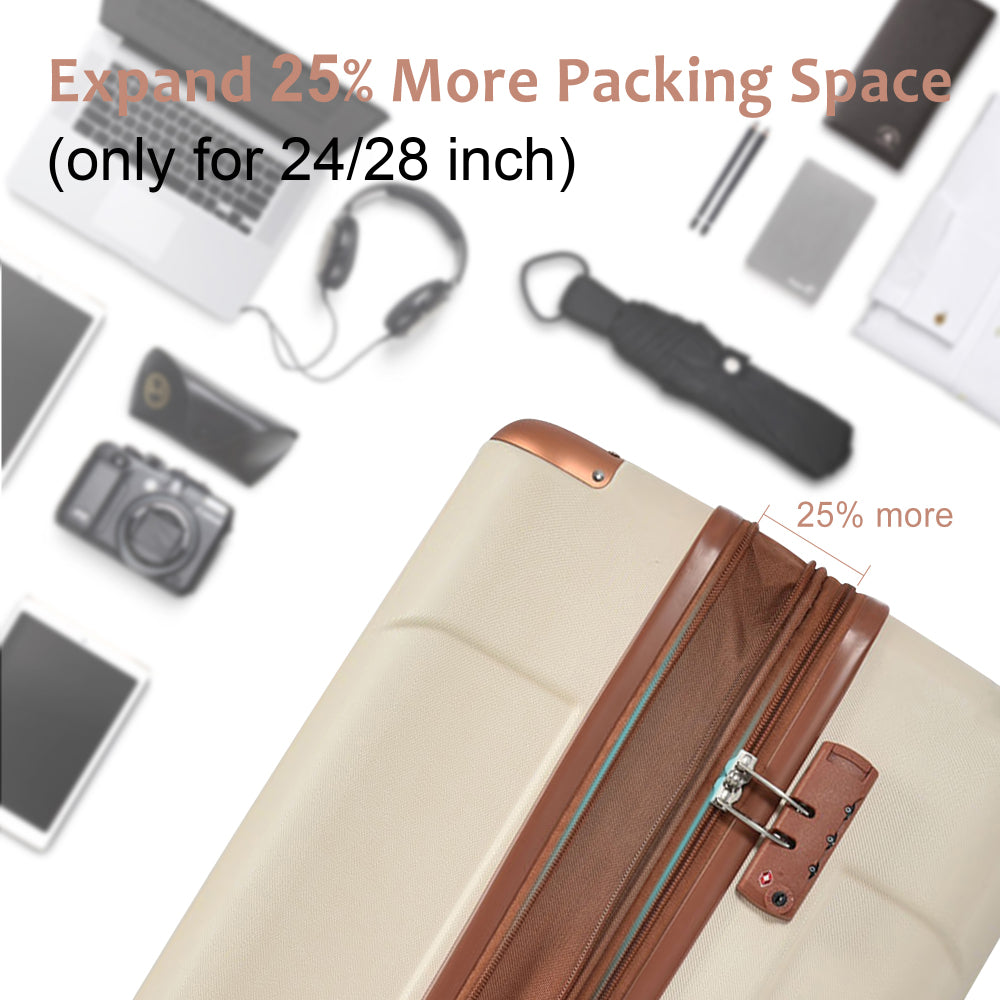 Hardshell Luggage, Lightweight Durable ABS Suitcases with Double Wheels, Expandable 28-inch Checked Luggage 28" (White Brown)