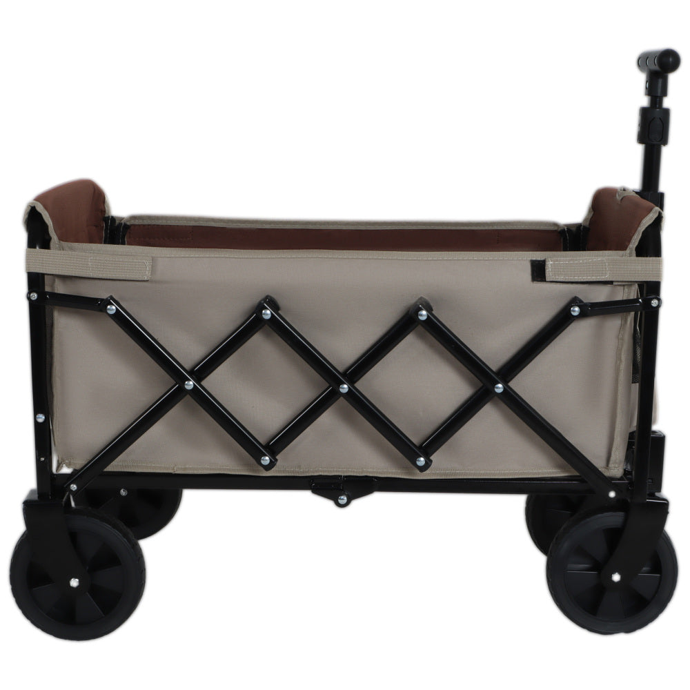 All-in-One Convertible Folding Camping Wagon Cart: Bench Seat, Storage Compartment & Included Dog Tether, Beige/Brown