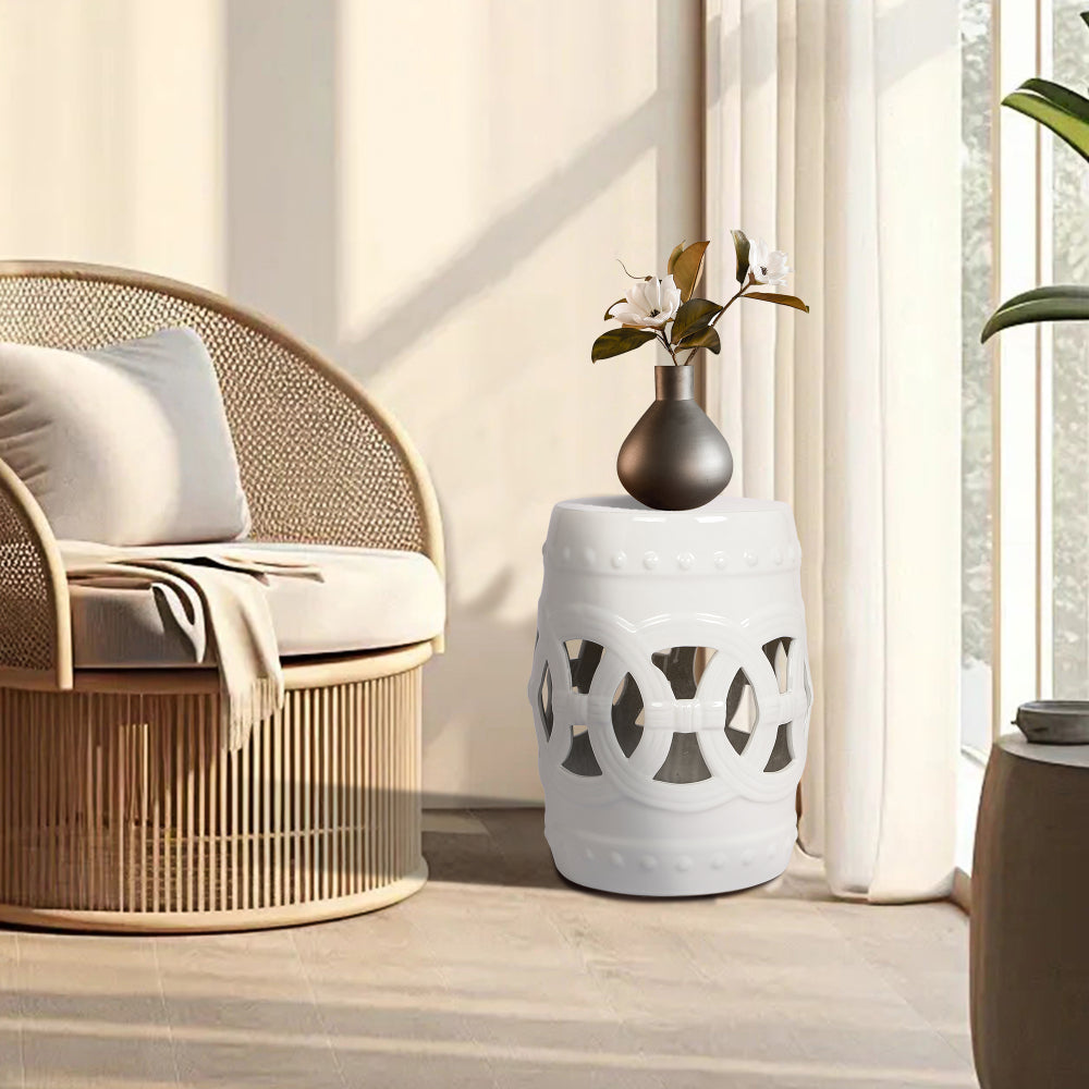 10.5" x 17" Glazed Ceramic Drum Stool - Indoor/Outdoor Side Table - Accent Garden Stool