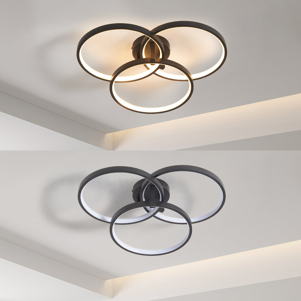 20" Modern Black LED Ceiling Light, 3-Ring Flush Mount Fixture for Living Room, Bedroom, or Dining Room, Sleek and Energy-Efficient Design, Easy Installation