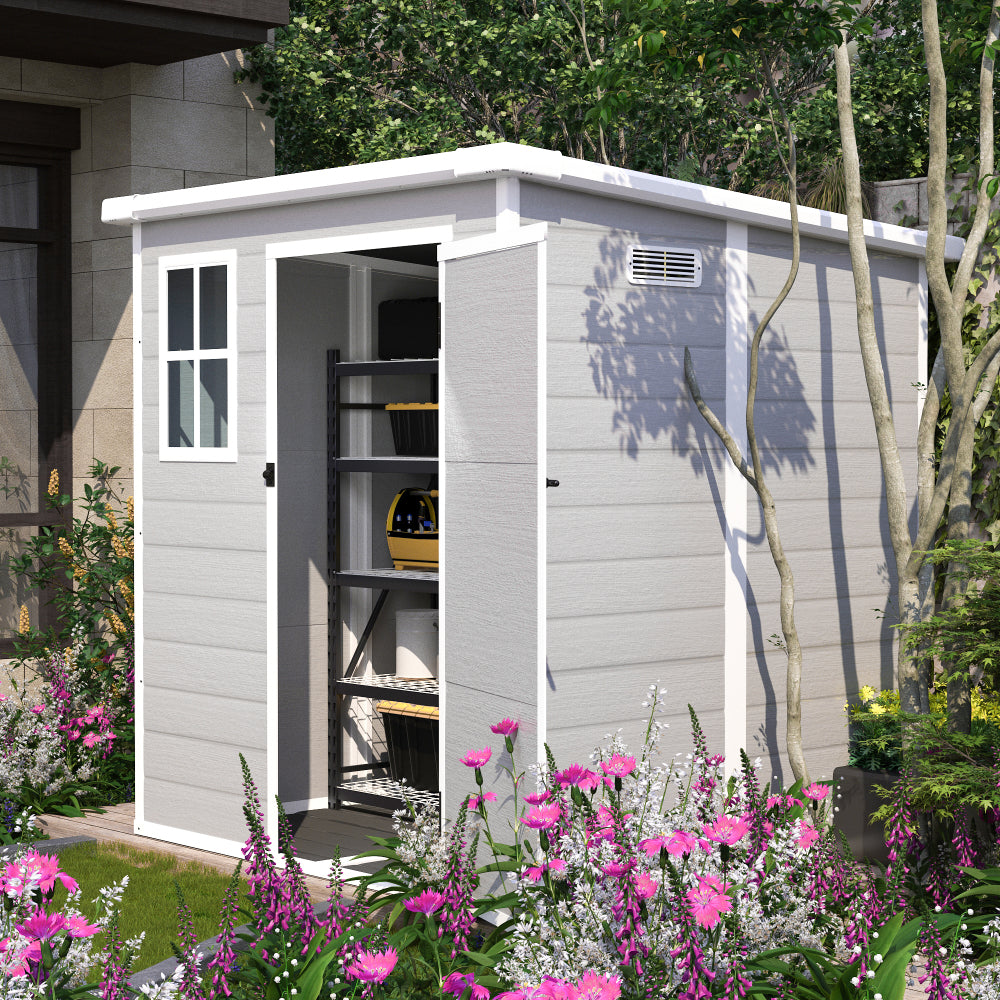 Campcraft 6*5ft resin storage shed, high quality pp material, strong structure, waterproof, rust and UV proof, large storage space, 12mm thick pp board, HD window lighting