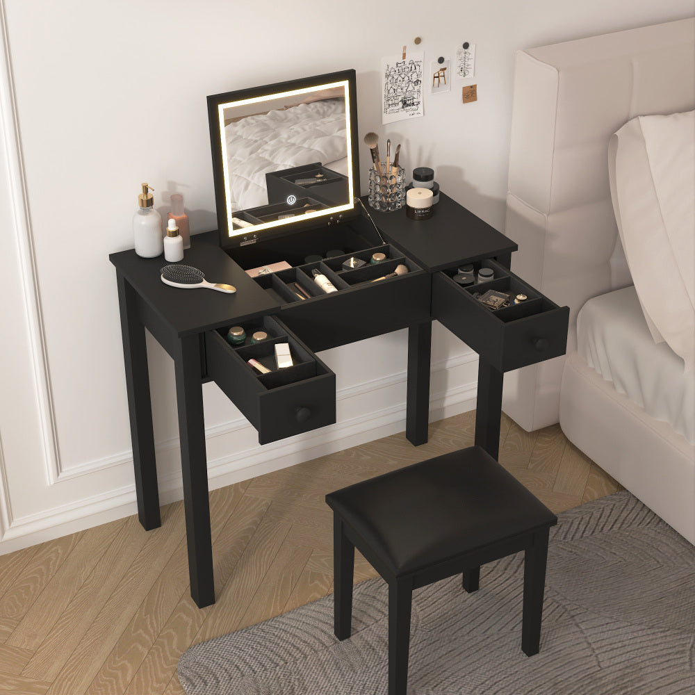 Multifunctional Vanity Desk with 3-Level Adjustable Lighting with Flip-top Mirror & Storage 15.75" Deep Makeup Table 2 Drawers & 3 Removable Organizer Boxes Compact Home Office Desk Black