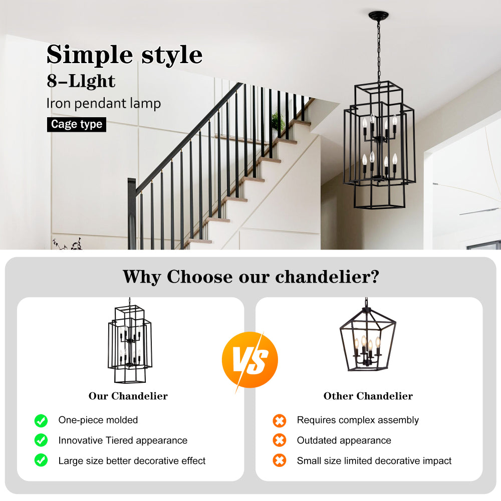 8-Light Metal Lantern Tiered Pendant Hanging Light Fixtures, Industrial Farmhouse Adjustable Height Chandeliers for Dining Room Hallway Foyer Entryway--Matte Black (E12 Bulbs Not Included)