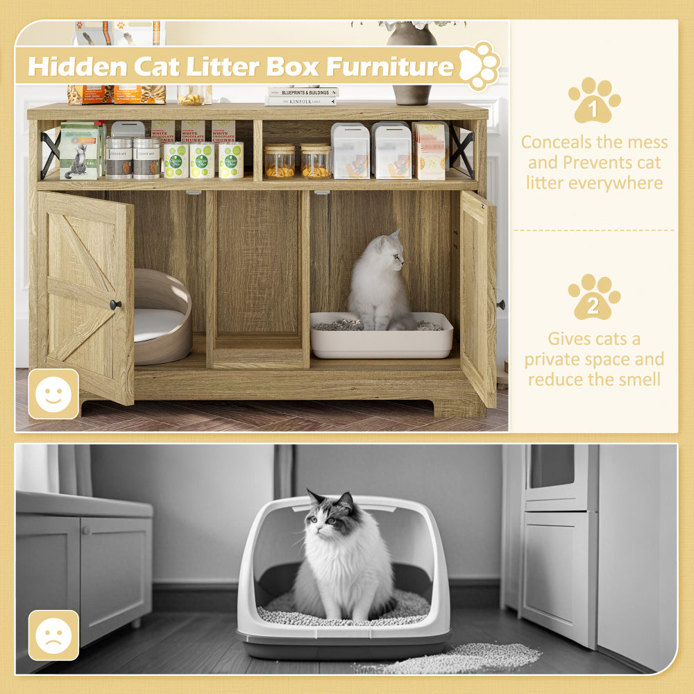 GO Cat Litter Box Enclosure for 2 Cats, Double Hidden Litter Box Furniture Cat Washroom, Farmhouse Indoor Cat House End Table, Brown