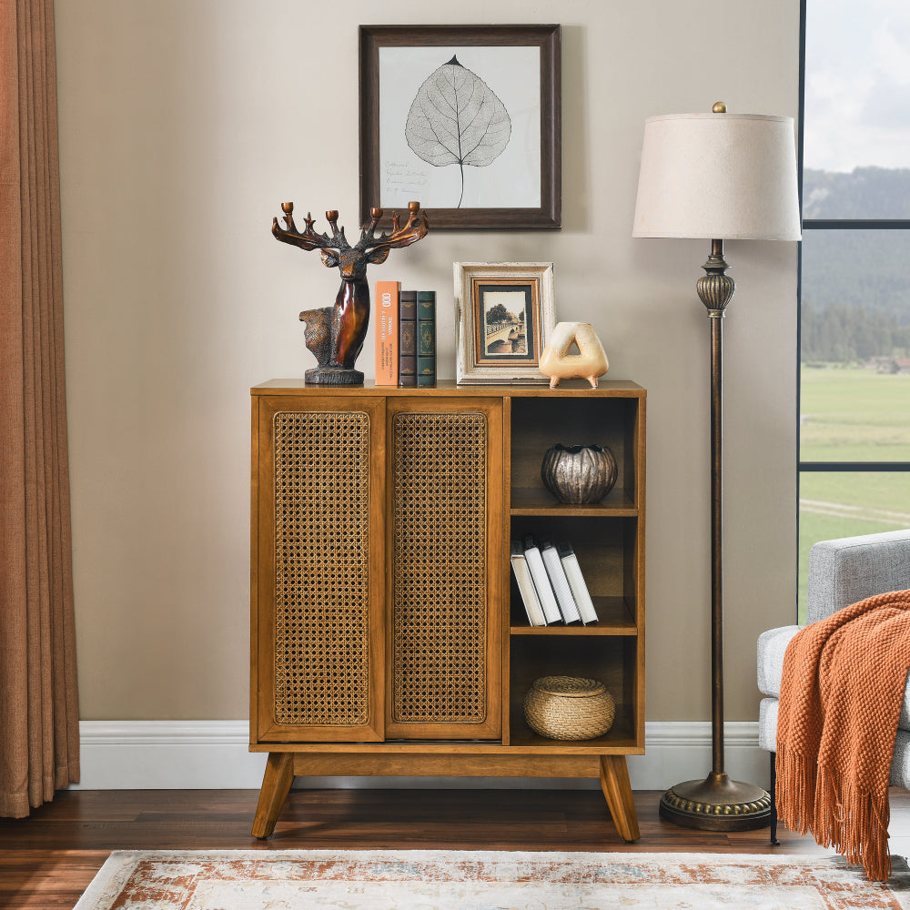Mid Century Modern Rattan Sideboard Cabinet, Buffet Cabinet for Entryway Hallway Living Room Kitchen Dining Room, Adjustable Shelf & Solid Wood Feet & Rattan Cabinet Doors - Dark Wood