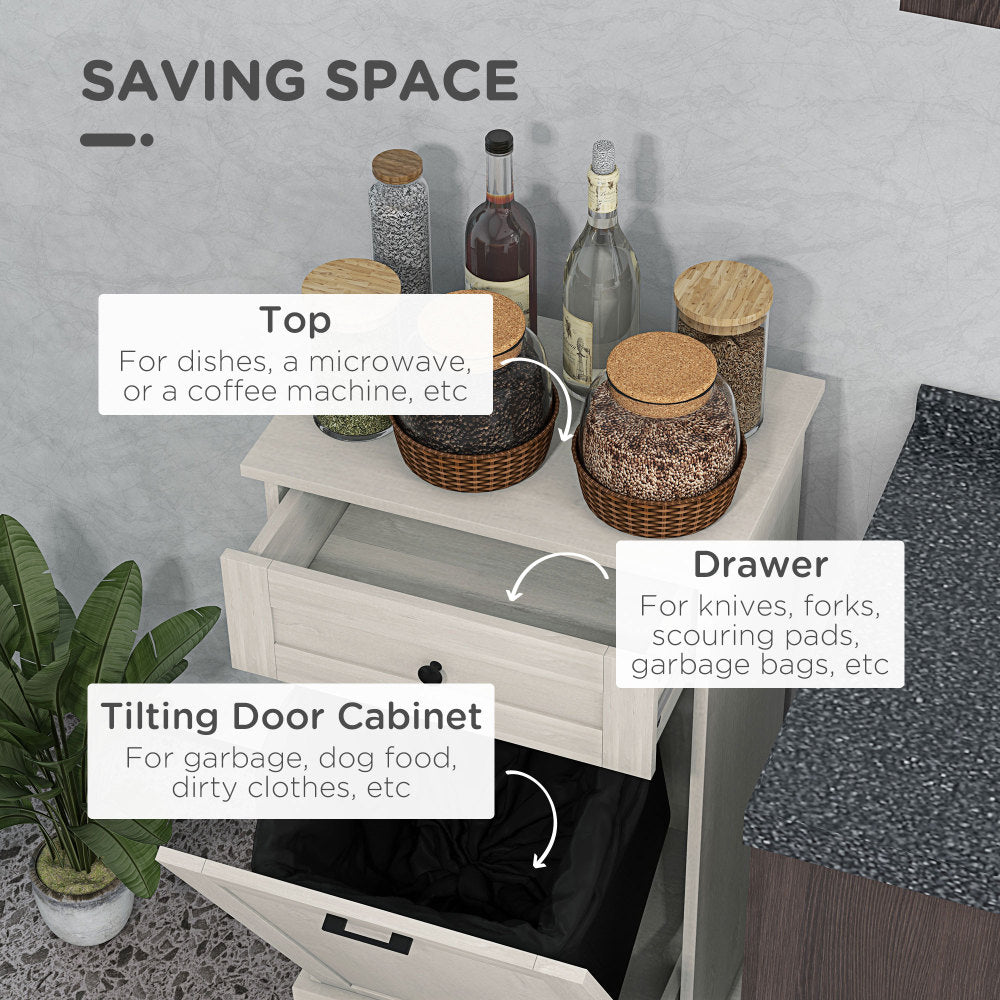 HOMCOM Kitchen Tilt Out Trash Bin Cabinet Free Standing Recycling Cabinet Trash Can Holder With Drawer, Light Gray