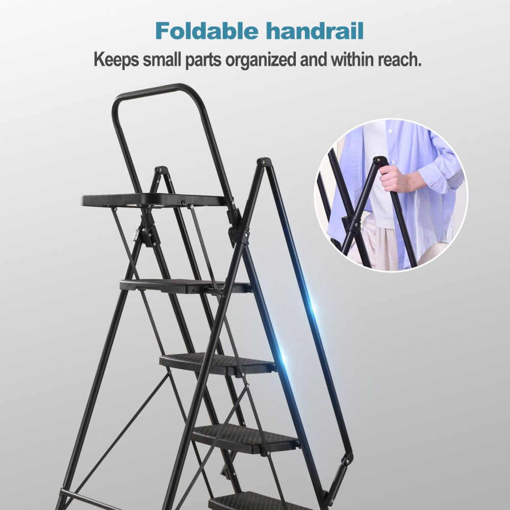 Folding step stool with bandwidth anti slip pedals and tool trays, lightweight and portable steel step stool, perfect for kitchen and home, indoor and outdoor use, sturdy steel steps (6 levels)