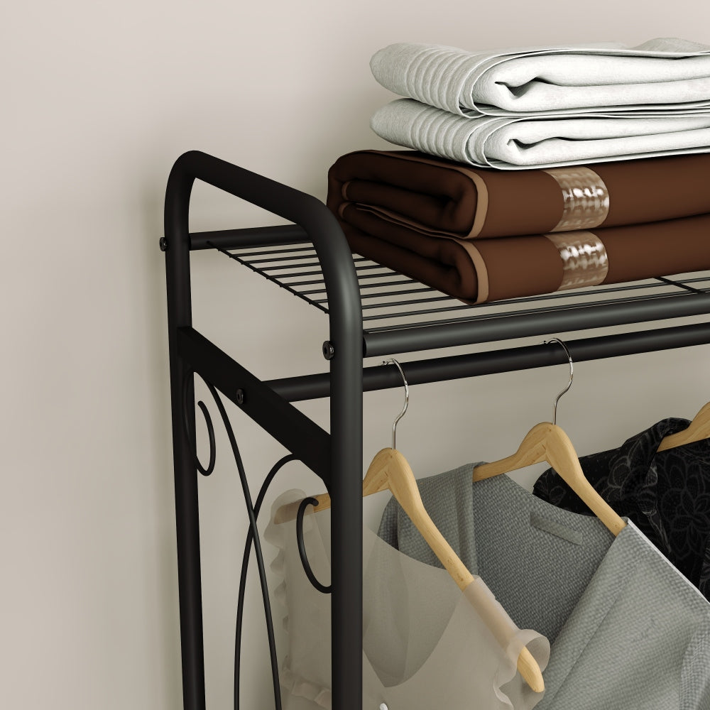 Multi-Functional Laundry Hamper Organizer with Hanging Rail and Storage Shelf – Rolling Laundry Cart with Wheels, Heavy Duty Metal Frame for Bathroom, Laundry Room, or Bedroom Organization