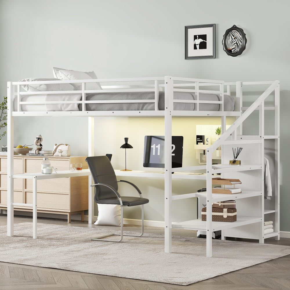 Twin XL Size Loft Bed with L-shaped Desk and USB, Metal Loft Bed with Wardrobe and Adjustable Shelf, High Loft Bed with LED for Kids Teens Adults, Black