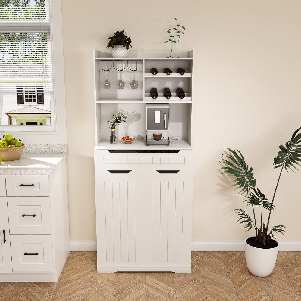 White Buffet Cabinet with Hutch - Modern Farmhouse Kitchen Storage Sideboard with 2 Drawers & Barn Doors, Coffee Bar Station or Liquor Cabinet for Dining Room, Living Room