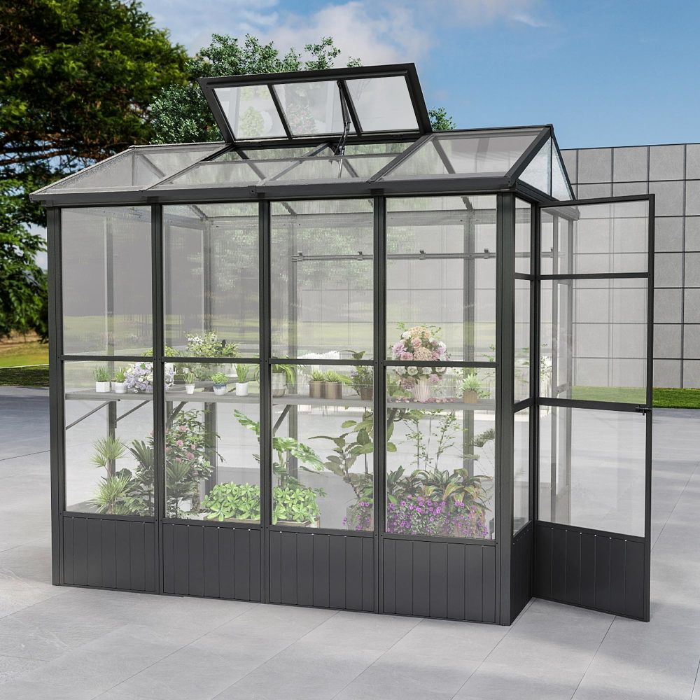 6.5x8FT Greenhouse, Polycarbonate Green House with Fully Auto Temperature Control Vent, Outdoor Full Aluminum Heavy Duty Greenhouse with Extra 7.8FT Walk-in Height for Garden Backyard, Dark Grey
