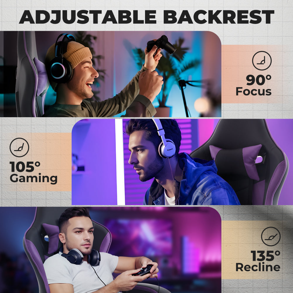 Gaming Chair, Ergonomic Computer Chair with Footrest and Massage Lumbar Support, Height Adjustable Swivel Video Game Chair for Adults, 300lb Max, Black Purple