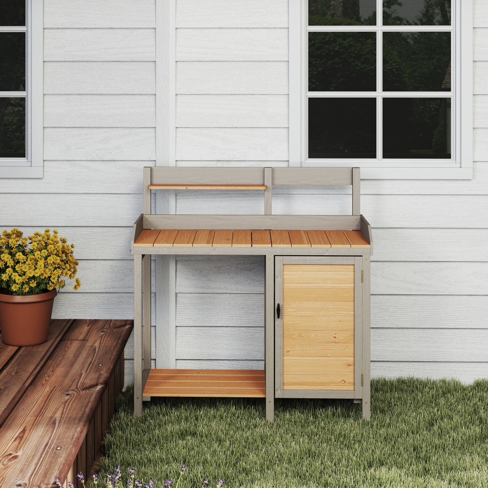 Outdoor Wooden Potting Bench Table with Sink, Garden Table Work Bench with Storage, Workstation for Outside Patio Lawn